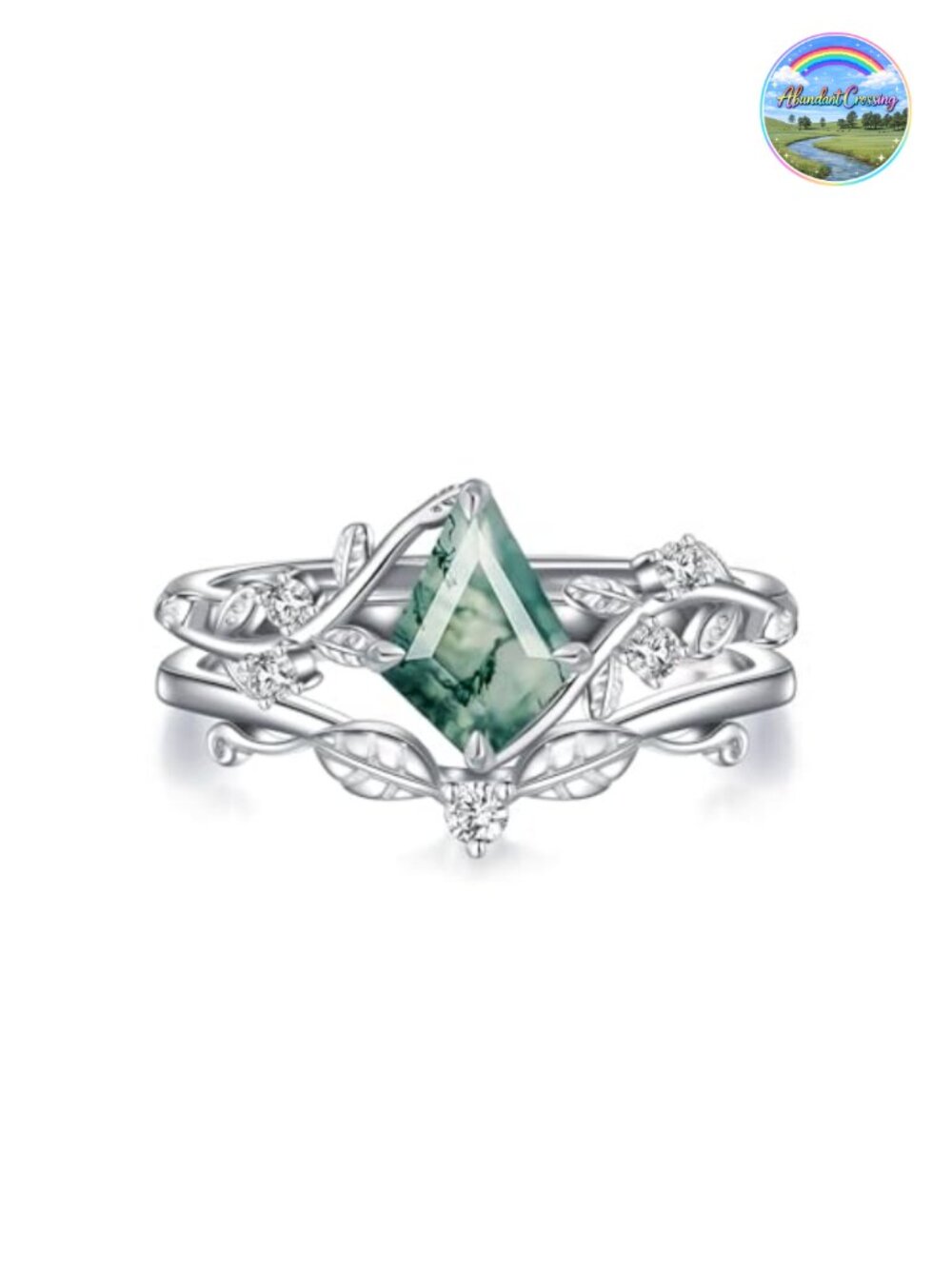 Real Moss Agate Ring S925 Sterling Silver Kite Cut Promise Ring Set